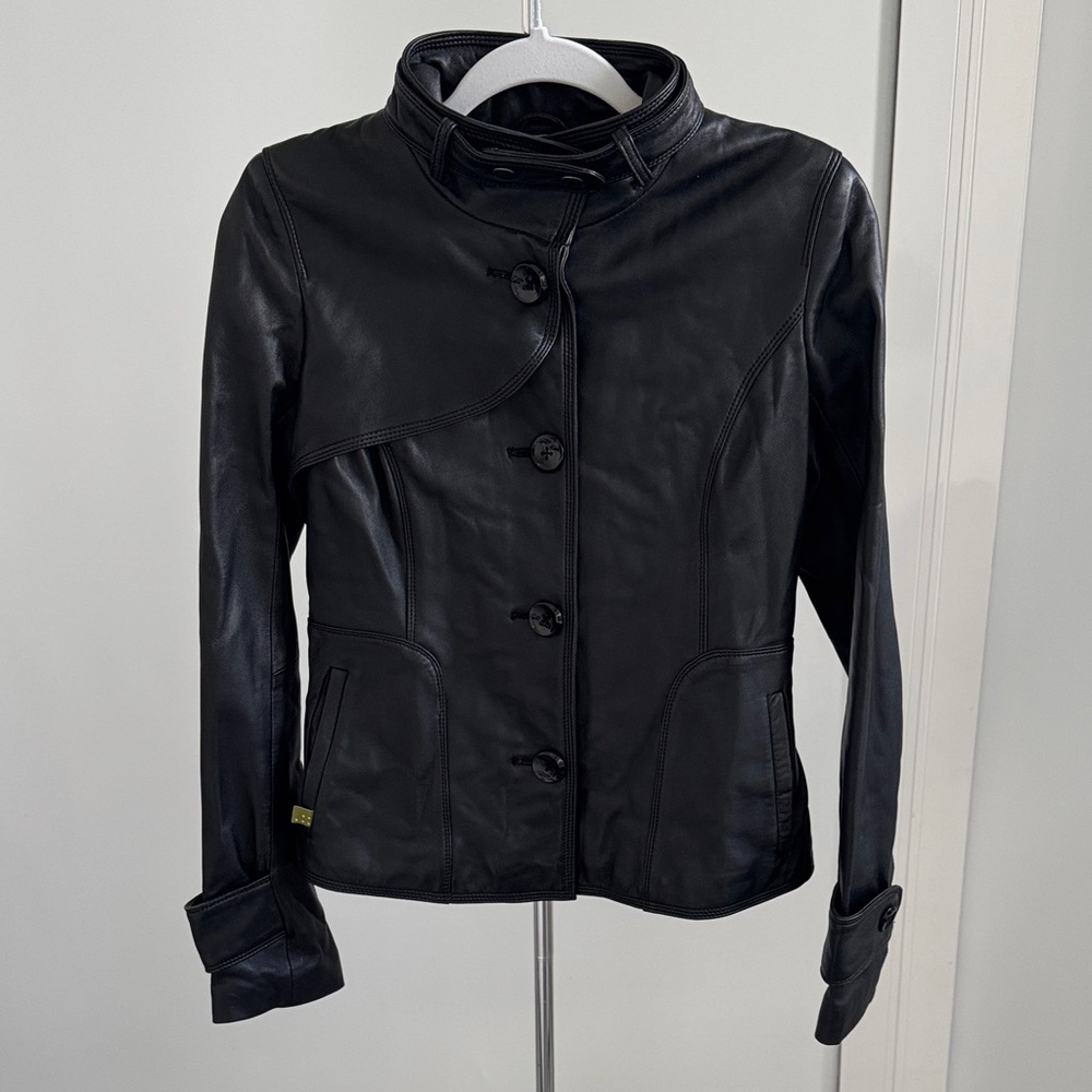 Soia & Kyo Black Leather Jacket Size Small Moto Button Up Trench Aritzia